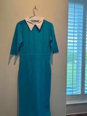 Teal Midi Dress with White Point Collar